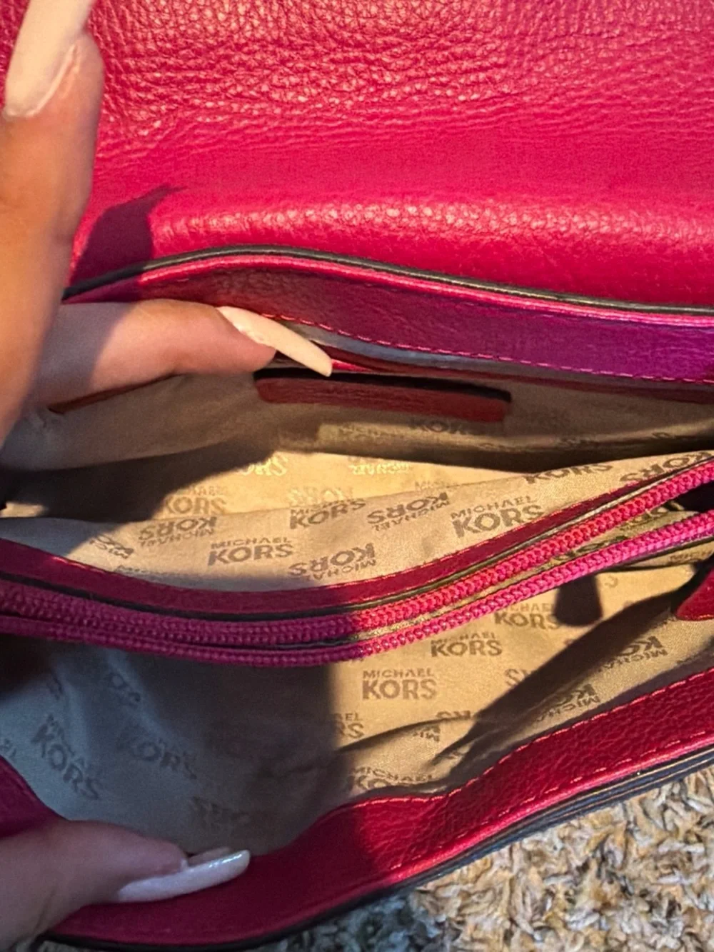 Michael Kors Hot Pink Leather Flap Monogram Chain Shoulder Bag